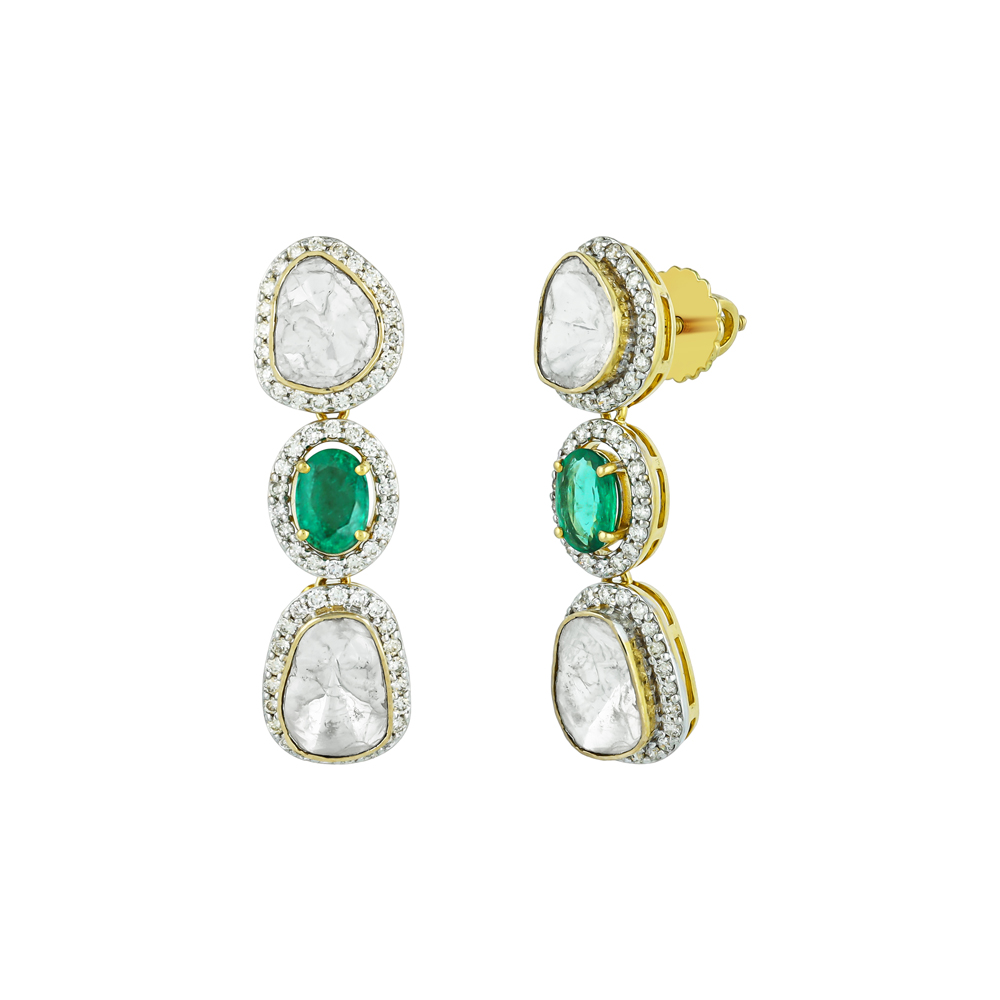 Oval Emerald Earrings with Polki & Diamond Halo Borders
